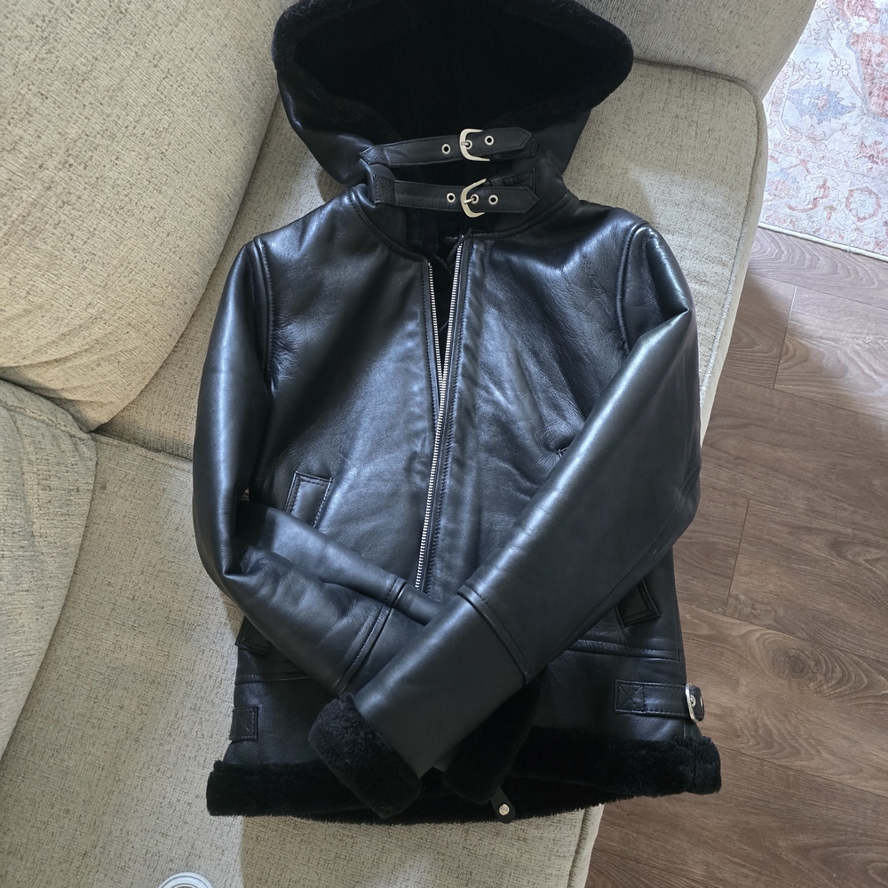 Elegant Black Leather Hooded Jacket